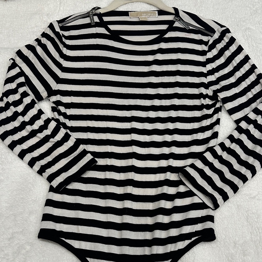 Michael Kors Black and White Striped Top Bodysuit Small
